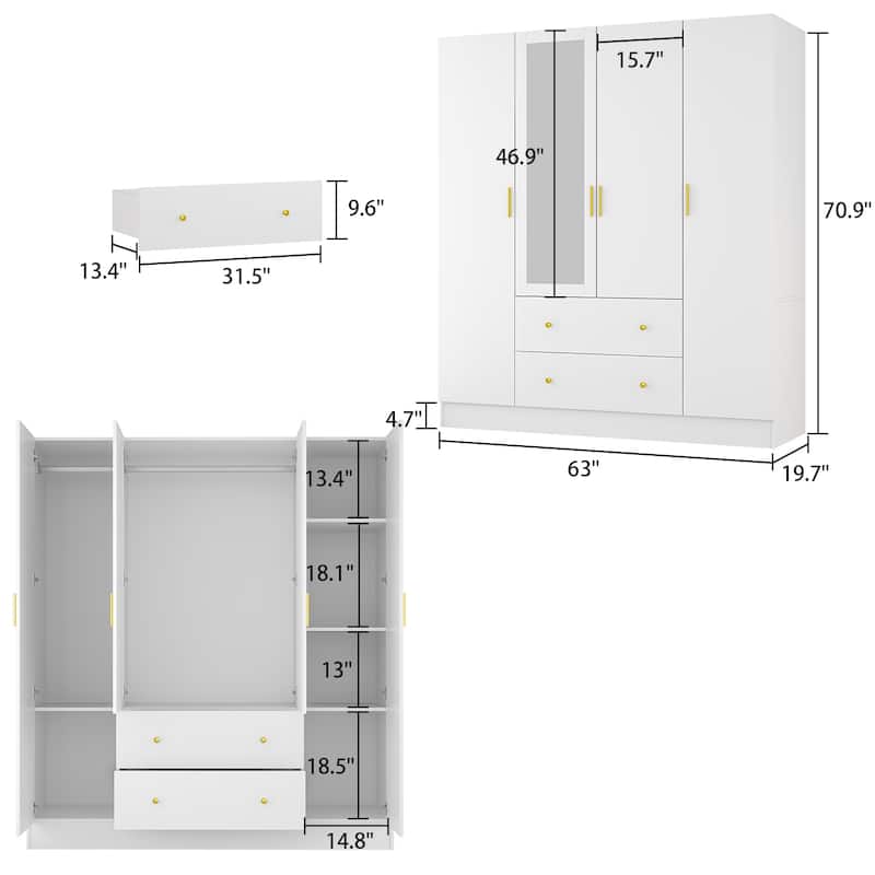 Wardrobe Armoire Wooden Closet with Mirror Storage Cubes Hanging Rod