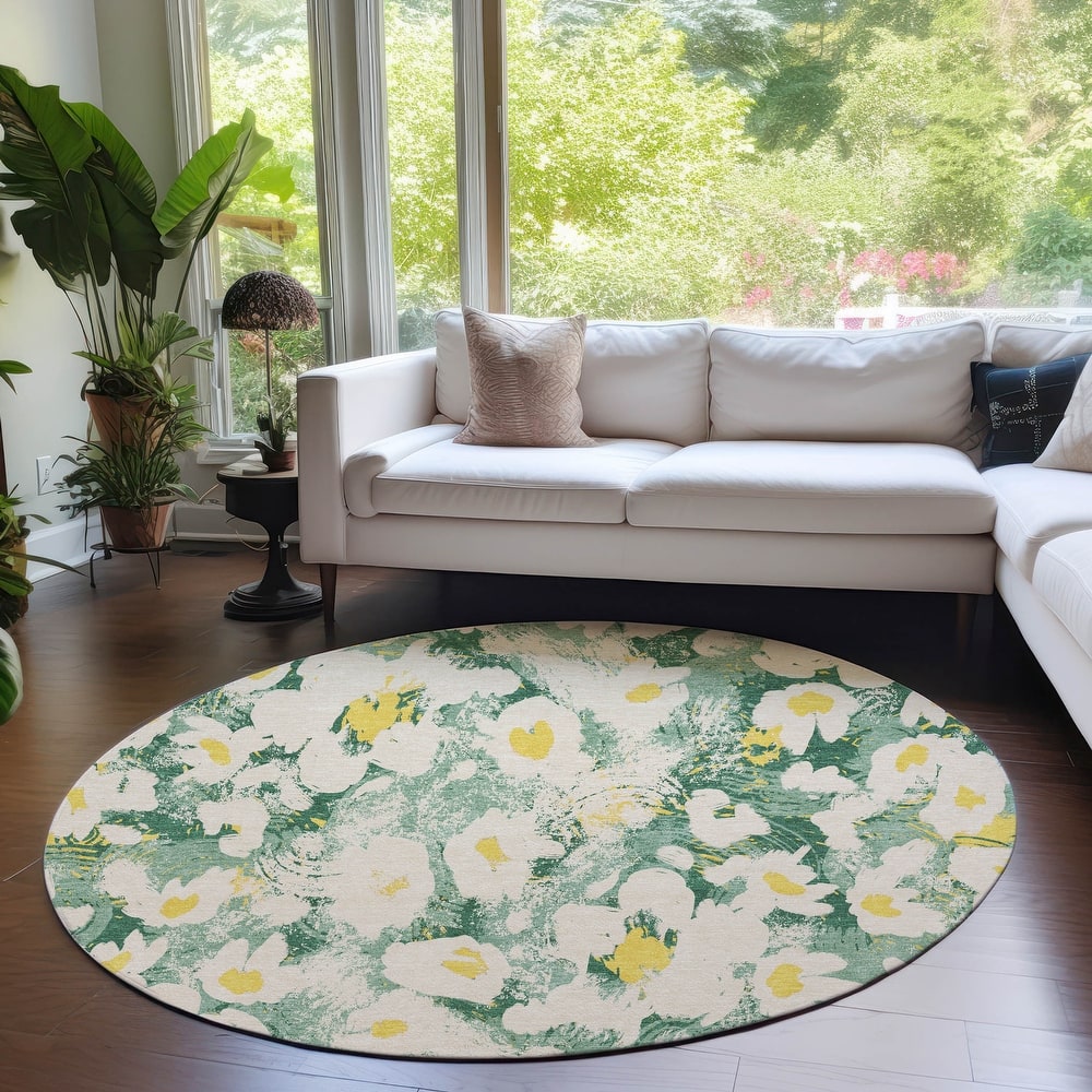 Machine Washable Indoor/ Outdoor Modern Daisy Chantille Rug