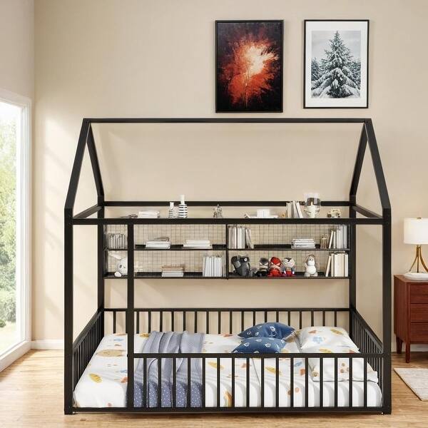 slide 2 of 42, Full Size Metal Bed House Bed Frame with Fence and Four Metal Grid Shelves Black