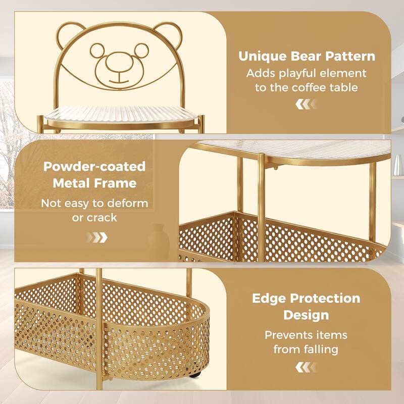 Gymax 2-Tier Mobile Glass Coffee Table w/ Bear Pattern Storage Basket