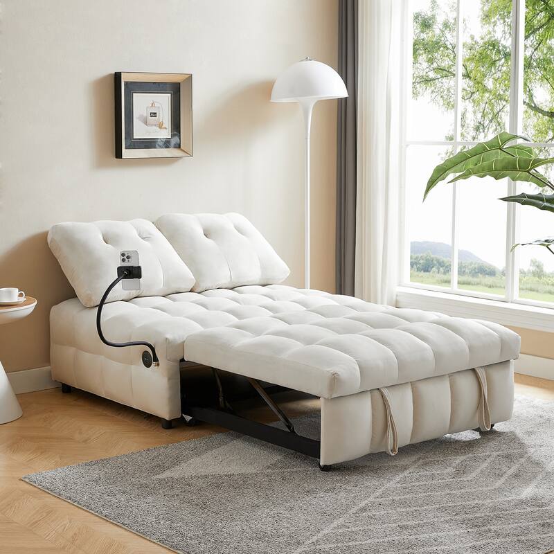 Modern pull-out velvet sofa bed with USB port and rotating phone holder