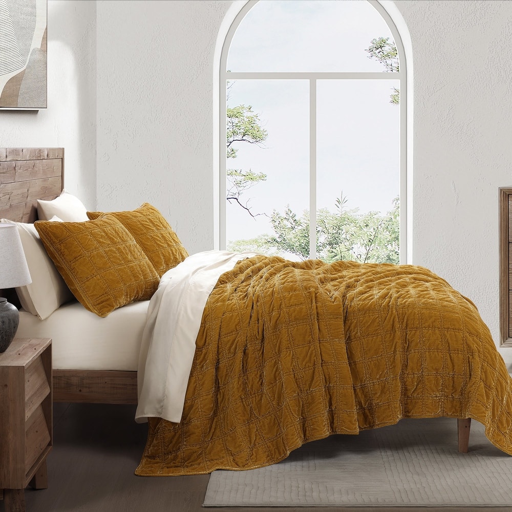 HiEnd Accents Stella Faux Silk Velvet Double Box Stitch Modern Rustic 3 Piece Quilt Set