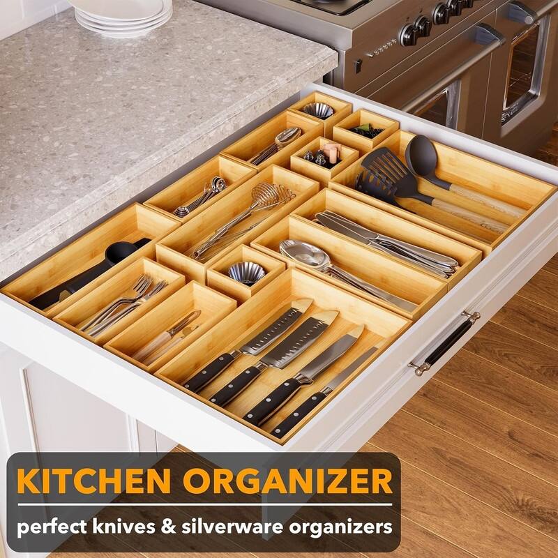 14-Piece Bamboo Drawer Organizer Storage Boxes Set, Wood Tray Junk Drawer Organizers Multi-Use Divider Bins