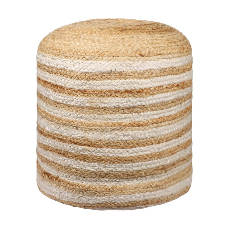HomeRoots 18" Natural And White Jute Blend Cylinder Striped Pouf Ottoman