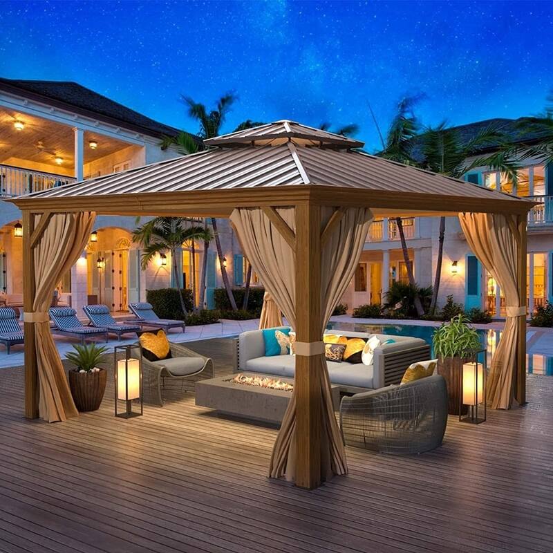 Erommy Pro Series Outdoor Galvanized Steel Roof Gazebo Pergola w/ Aluminum Frame & Vertical Rain Cutter