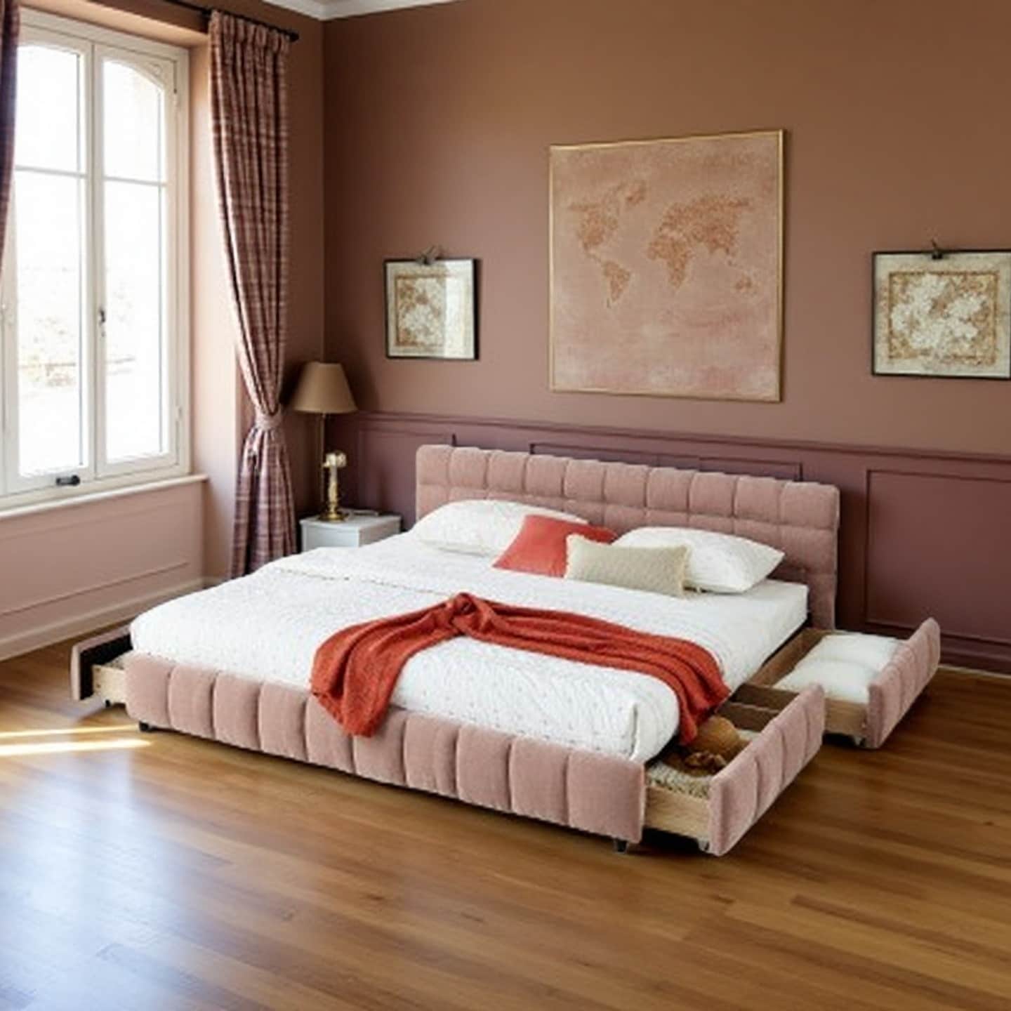 King Size Upholstered Platform Bed with Storage Drawers, Chenille Fabric Bed Frame with Soft Headboard