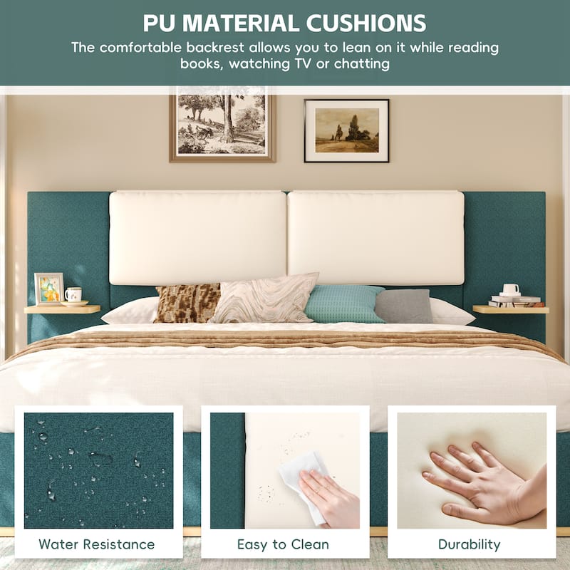 Roomfitters Queen Size Upholstered Platform Bed Frame, Modern Panel Headboard with Rounded Corners, Solid Wood Slats