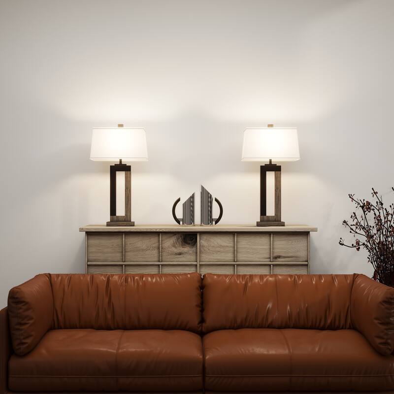 Set of 2 Table Lamp with Linen Fabric Shade - Barn Wood
