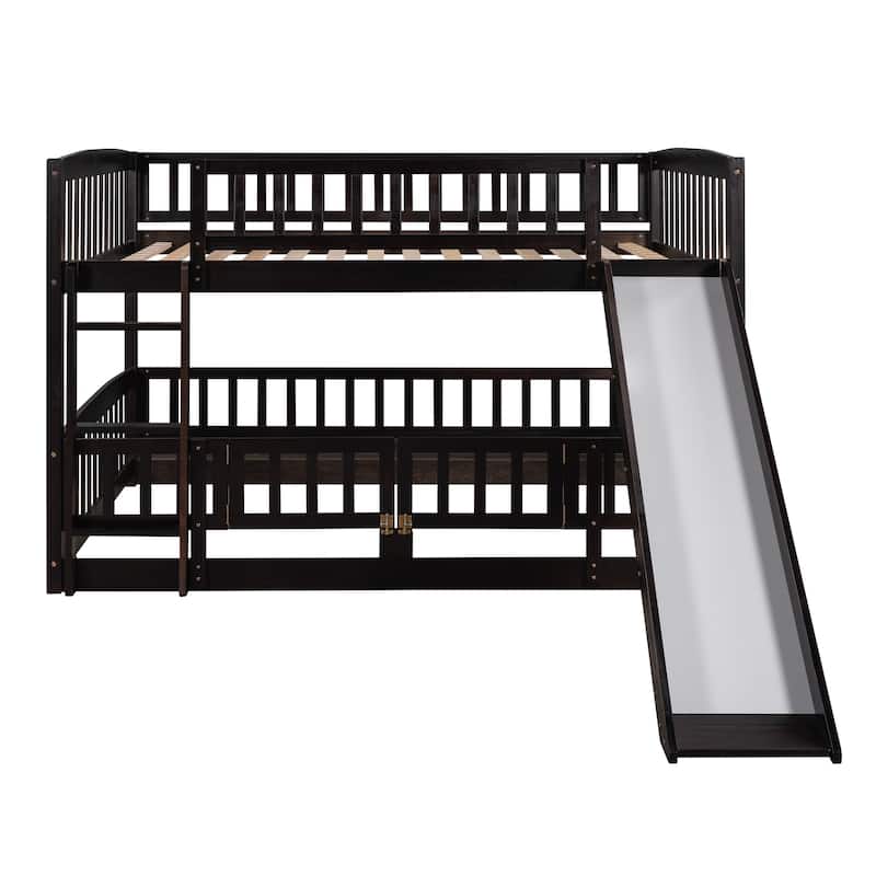 Espresso Pine Wood Bunk Bed with Convertible Slide, Ladder, and Fence Door