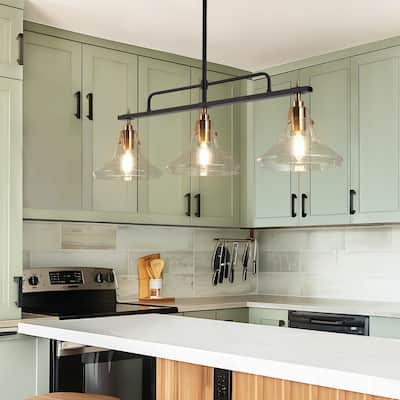 Modern Black Gold 3-Light Linear Glass Chandelier Kitchen Island Light for Dining Room - L33.5" x W7.1" x H11"
