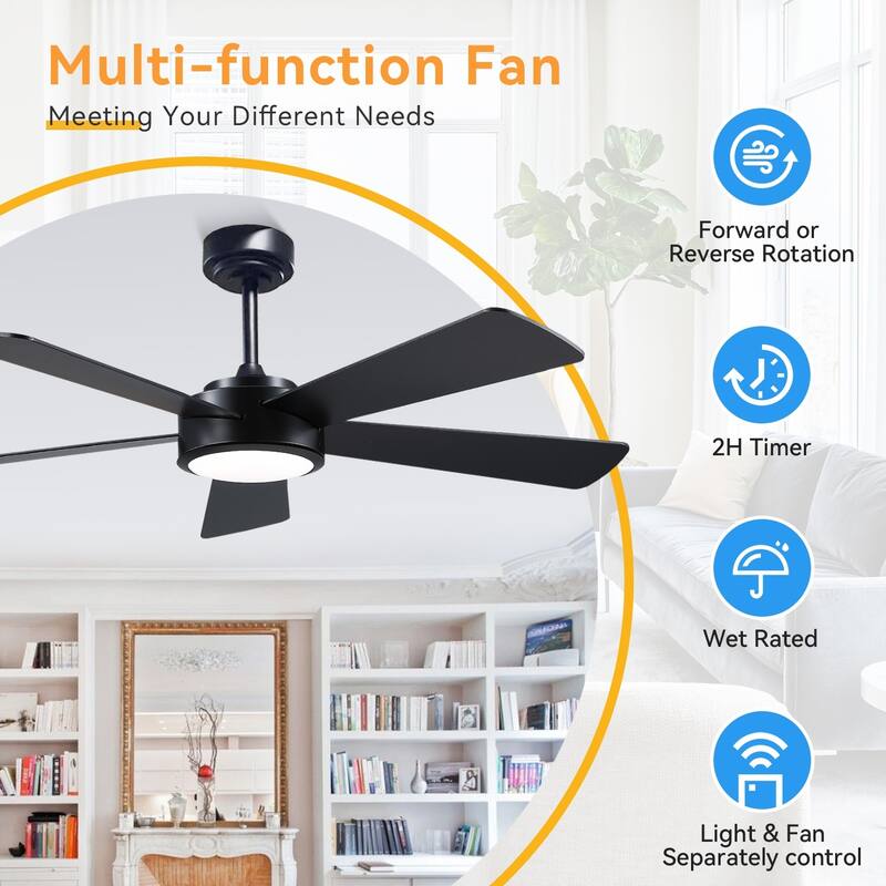 52" Modern Ceiling Fan with Light and Remote,APP Control,Suitable for Sloped Ceiling,Reversible Blades,DC Motor - 52 Inches