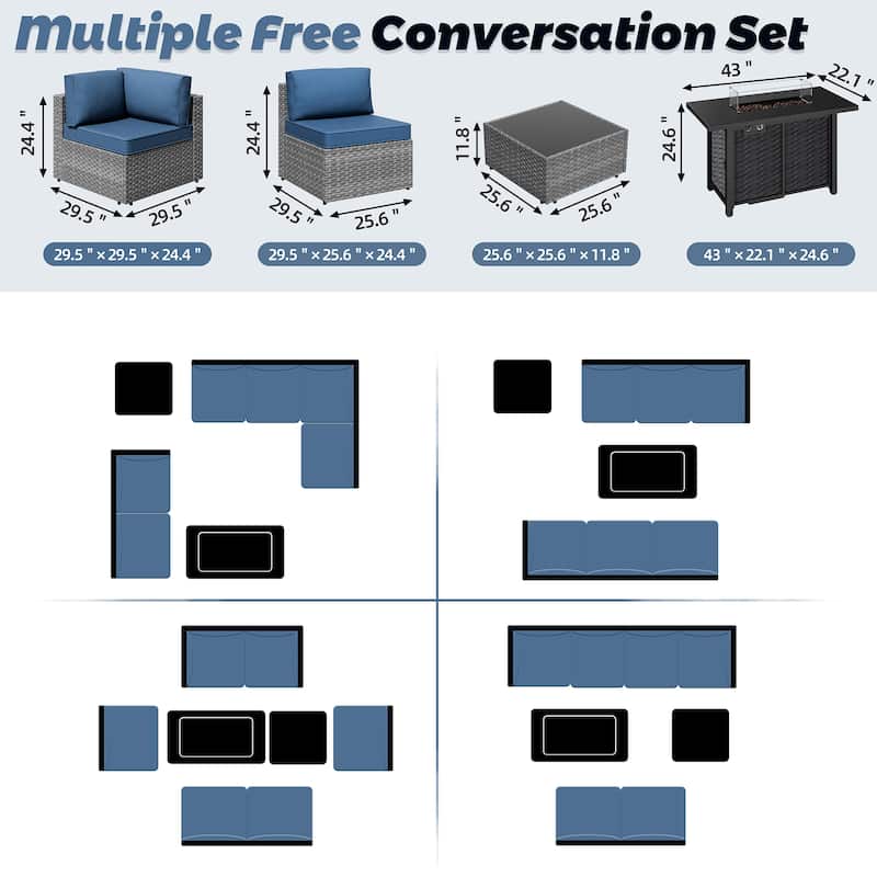 8-Piece Outdoor Patio Wicker Conversation Set with Fire Pit Table, Sectional Sofa & Cushions - N/A