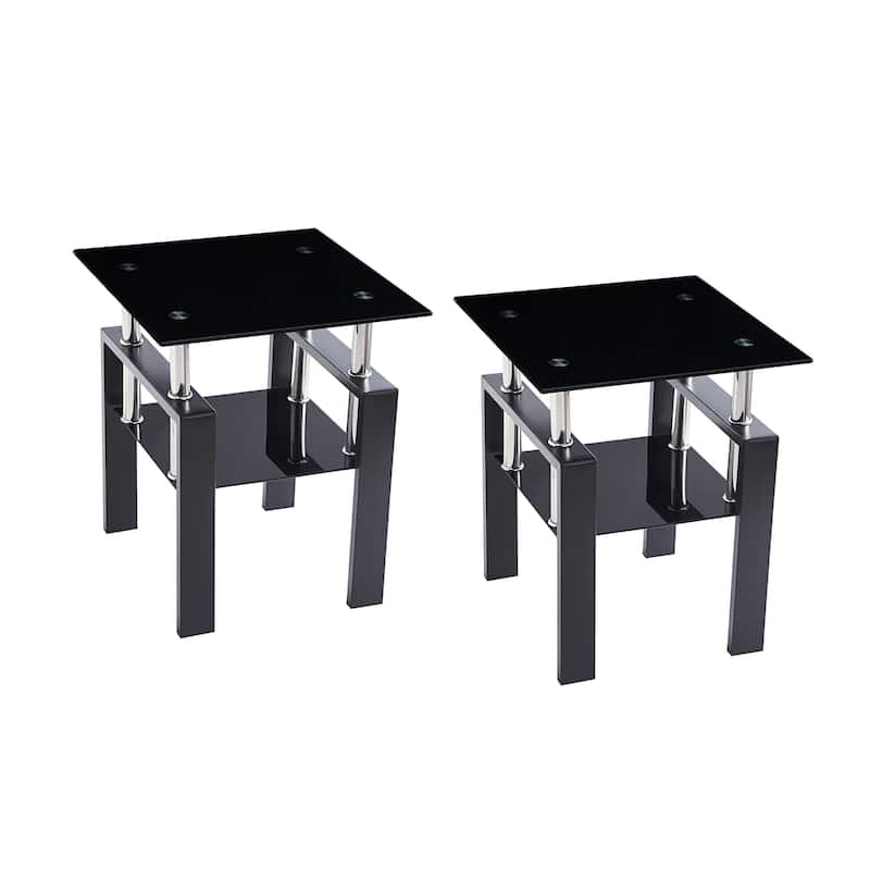 HomeRoots Set of Two Black Glass and Metal Square End Tables With Shelf - 17.72 in. x 20.48 in. x 17.72 in.