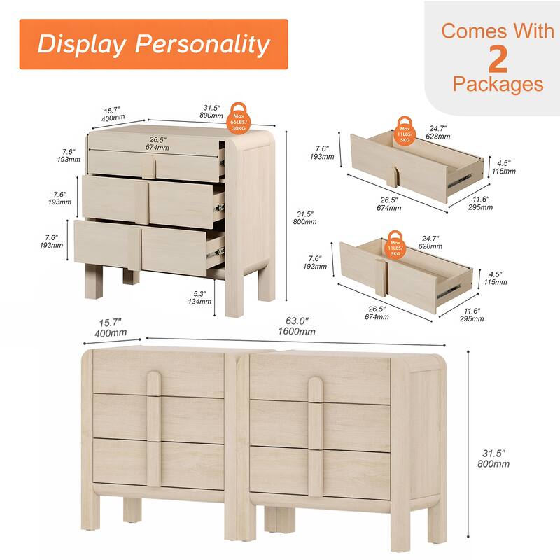 WAMPAT 3 Drawer Curved Dresser For Bedroom Set Of 2, Mid Century Modern Chest Of Drawers, Wood 6 Drawer Dresser