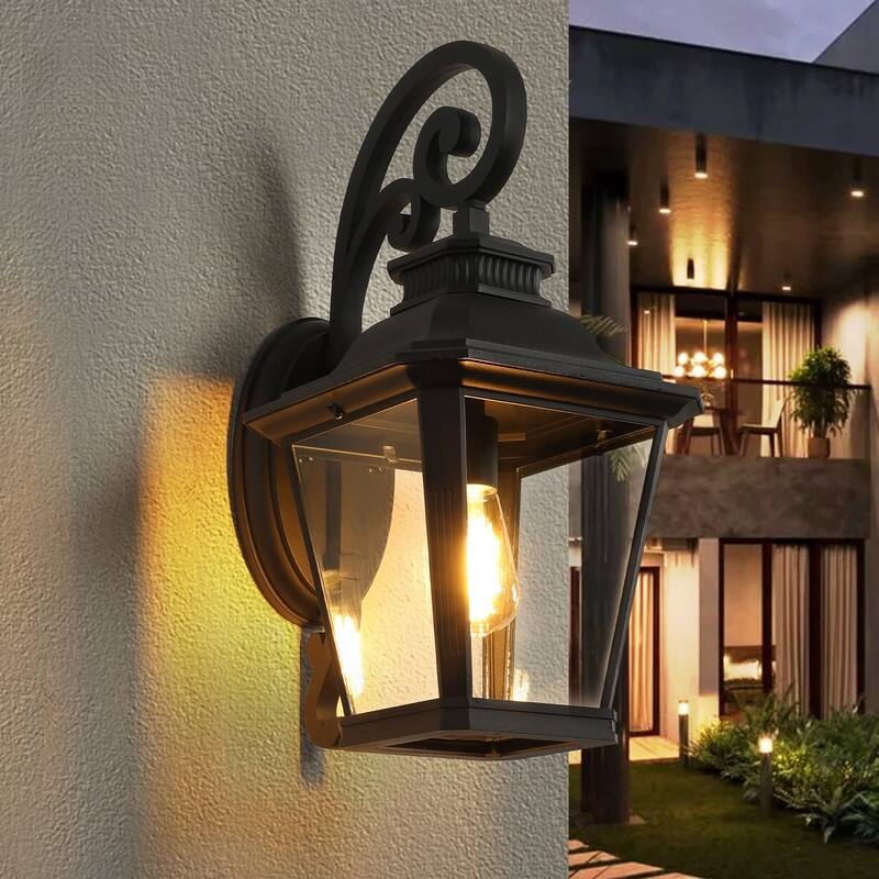 14" Outdoor Wall Lantern Set (2-Pack) – Black Waterproof Sconce with Clear Glass Panels,Exterior Lighting(Bulb Not Included)