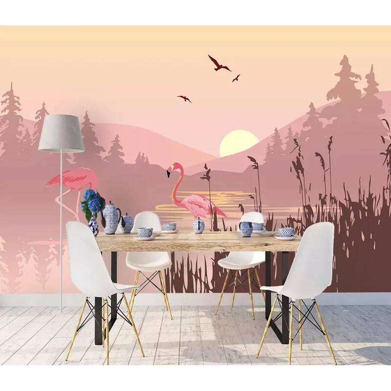 GK Wall Design Flamingos Pink Landscape and Mountain View Removable Wallpaper
