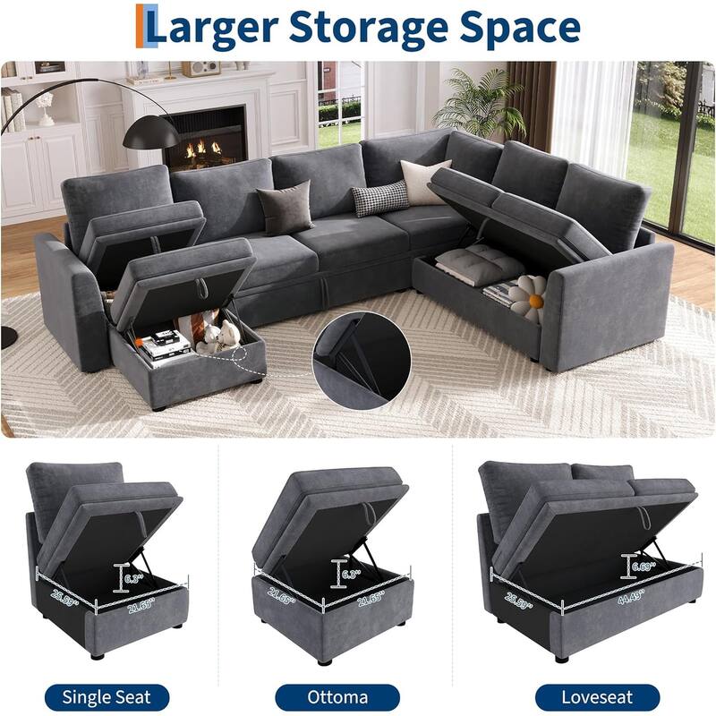 U Shaped Sectional Sleeper Sofa with Pull Out Bed, Chenille Modular Sectional Sofa