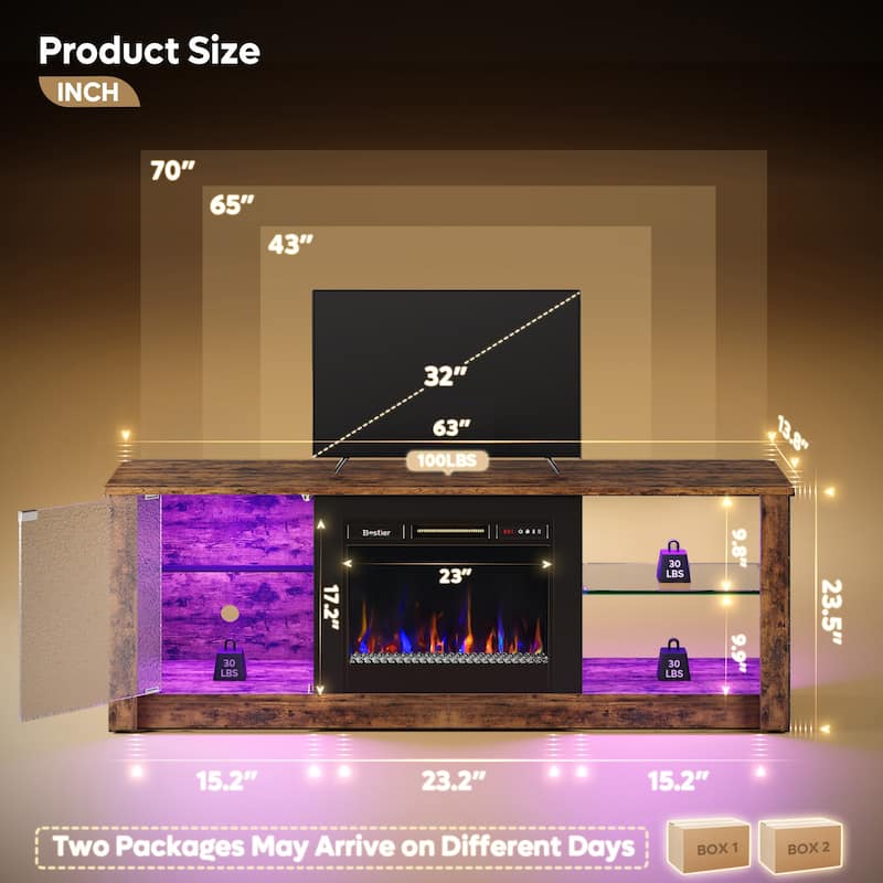 Bestier Fireplace TV Stand with 23" Electric Fireplace for TVs Up to 70 inch, LED Entertainment Center with Adjustable Shelf