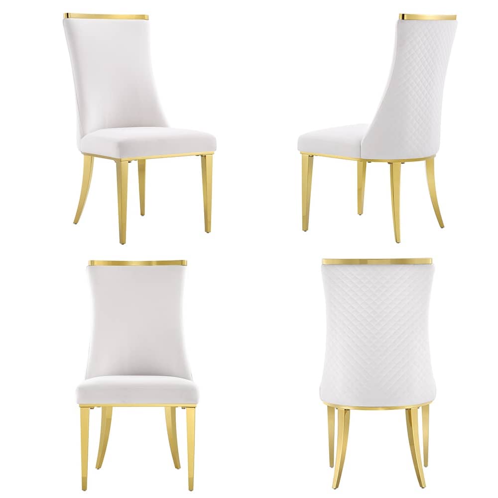 Luxurious White Velvet Upholstered Dining Chairs with Reticulate Texture Back and Polished Gold Metal Legs