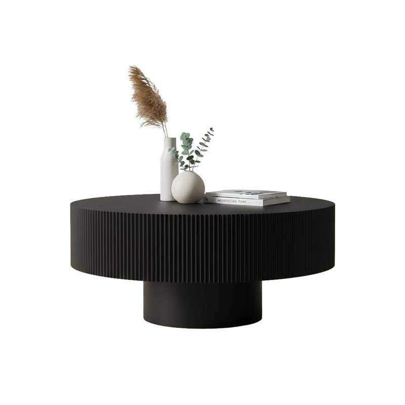 Round Fluted Coffee Table with Sturdy Pedestal, Mid-Century Modern Accent Table for Living Room & Small Spaces