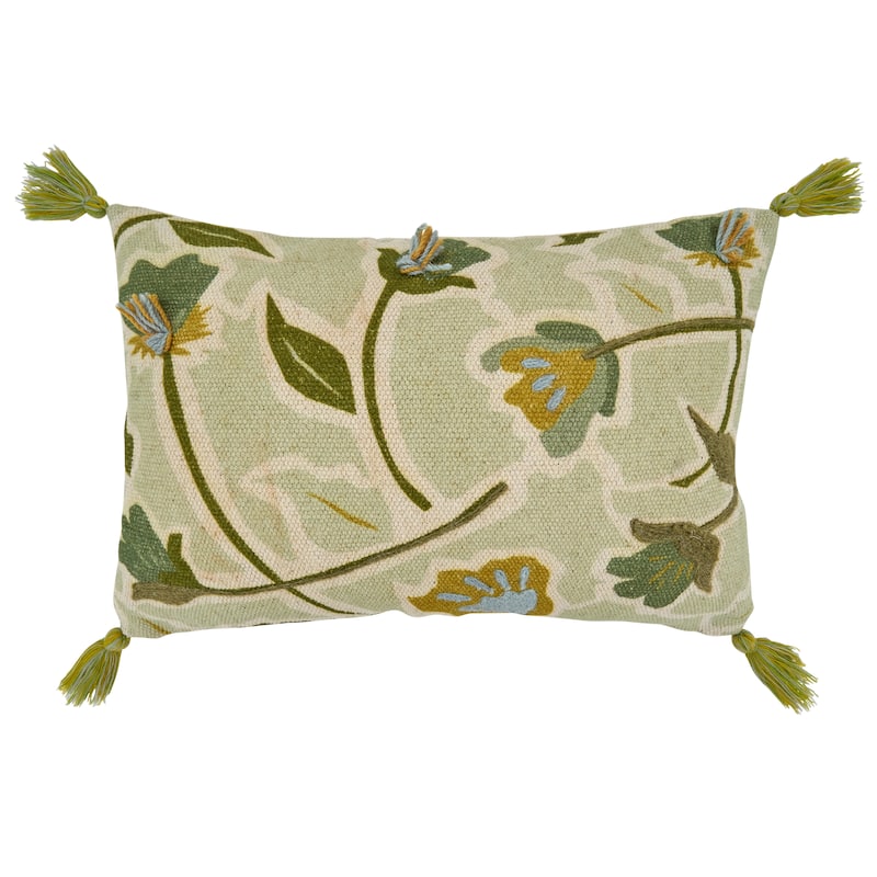 Throw Pillow With Embroidered Large Floral Design - 16"x24" - Feather Down