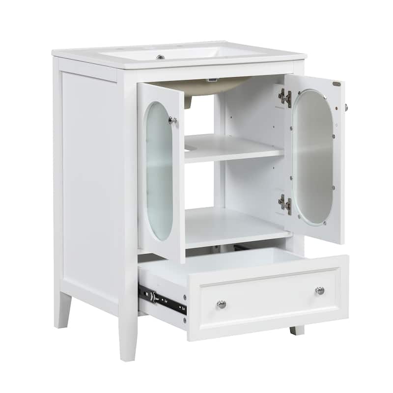 Bathroom Vanity with Sink, Vanity Set with 1 Drawer and 2 Glass Doors, Bathroom Storage Cabinet with Adjustable Shelf