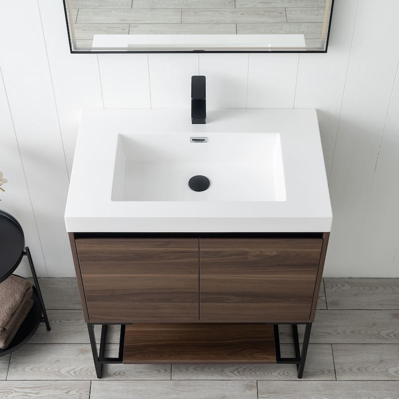 Freestanding Bathroom Vanity Set with Open Shelf & Acrylic Sink