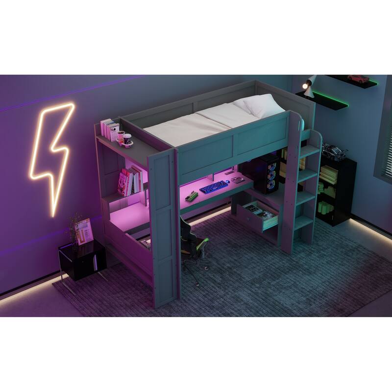 Full Size Loft Bed with Built-in Desk, LED Shelf Lighting, Charging Ports, and Storage Cabinet, Dark Gray Wood Frame