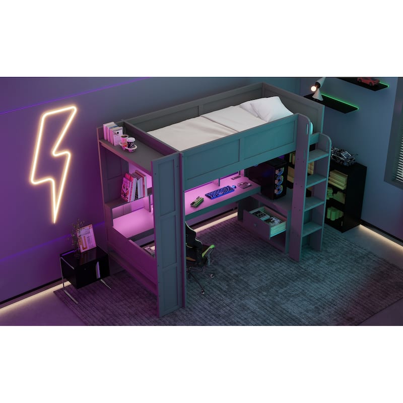 Wood Gaming Loft Bed with Desk, Multi-storage Shelves, LED and Charging Station