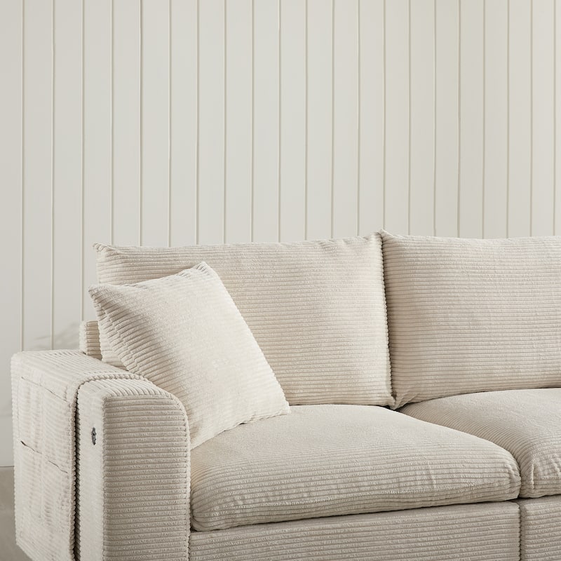 U Shaped Chenille Sofa w/Ottoman,Console,Cup Holder,Wide Seat,USB