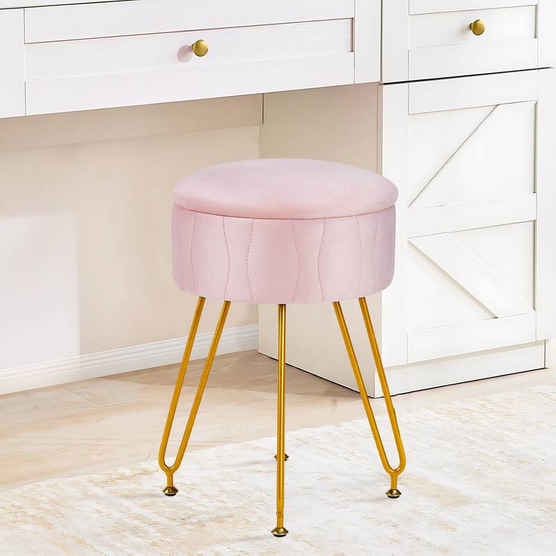 VECELO Multi-Functional Velvet Vanity Stool Chairs 18.5"H Tufted Small Stools with Metal Legs Modern Storage Footstool Ottomans - Pink