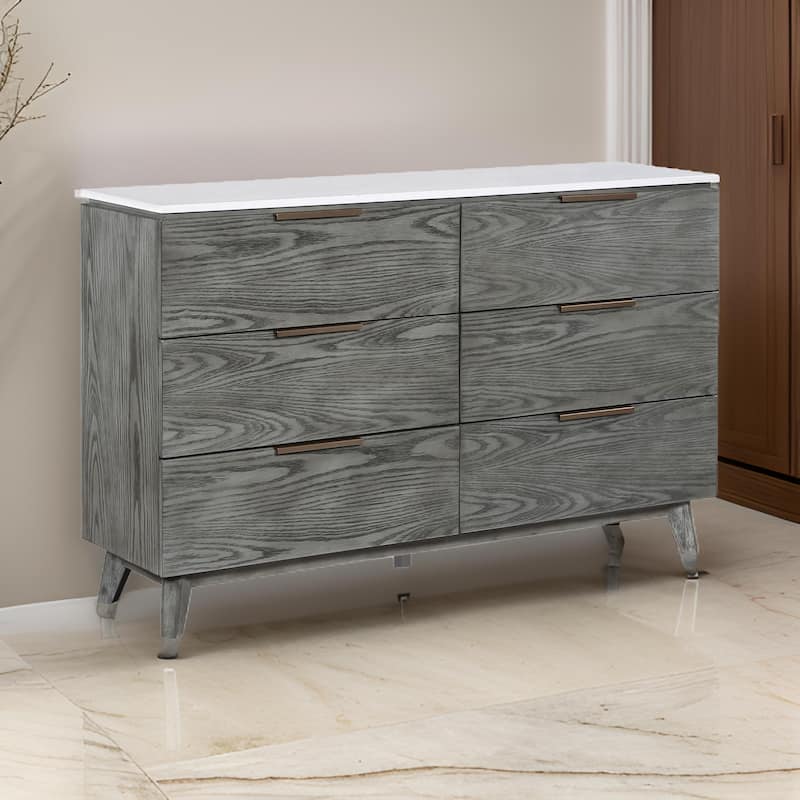 Tira 63 Inch Wide Dresser, 6 Drawers with Handles, White Marble Top, Gray