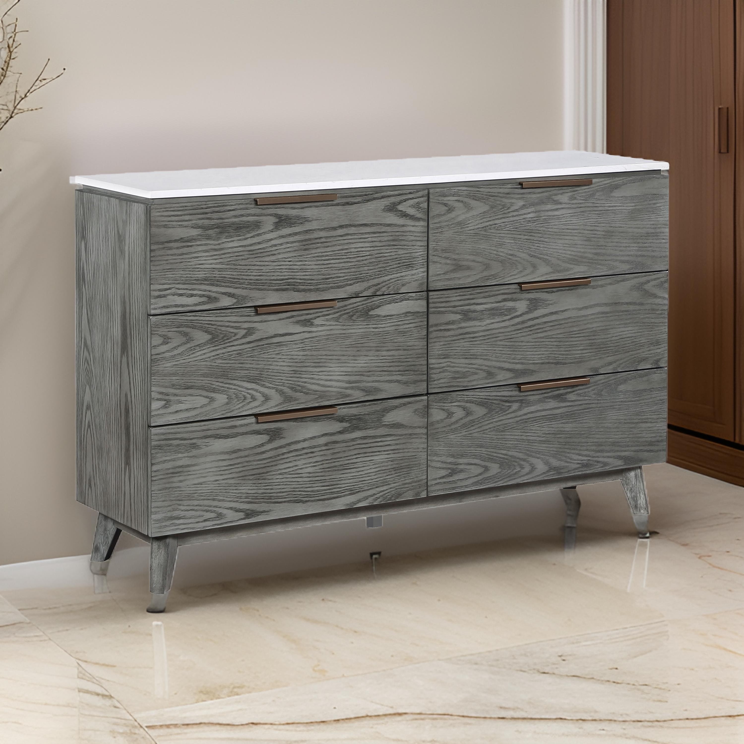 Tira 63 Inch Wide Dresser, 6 Drawers with Handles, White Marble Top, Gray