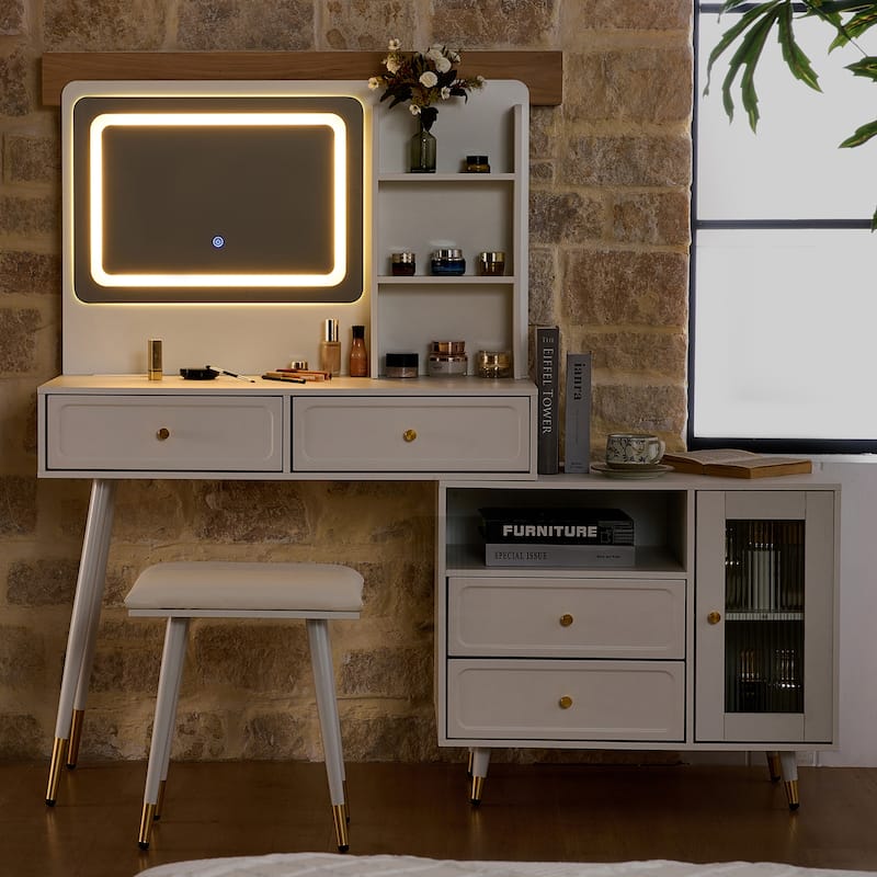 Modern Makeup Vanity Set with PU Cushioned Stool, Retractable Dressing Table Vanity Desk with Mirror, Light & Power Outlet