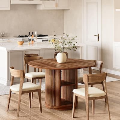 48-Inch Brown MDF 3-Tier Round Dining Table for 4-6, Farmhouse Kitchen Table with Storage Shelves