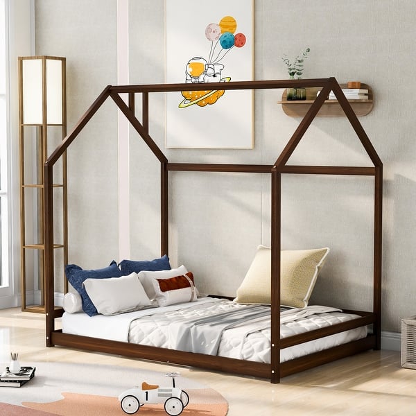 slide 2 of 56, Cozy Playhouse, Style House Bed for Kids Durable Pinewood Design Full - Brown