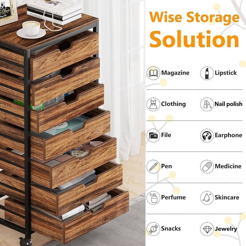 7-Drawer Storage Dresser Cabinet with Wheels, Industrial Wood Chest Organizer with Metal Frame, Mobile Drawer Unit