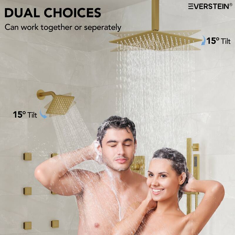Thermostatic Rainfall Shower System with Handheld Spray, 16" & 6" Dual Shower Head and 6 Body Jets