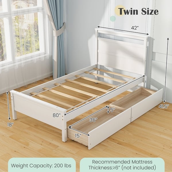 dimension image slide 0 of 2, Twin Size Wooden Bed Frame with 2 Drawers for Teens and Adults