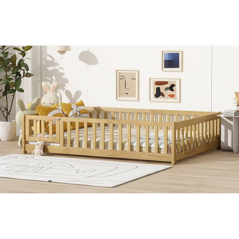 Roomfitters Full Size Floor Bed with Surround Fence & Swing Door, Rubber Wood Floor Platform Bed with Guardrail & Slat, Natural
