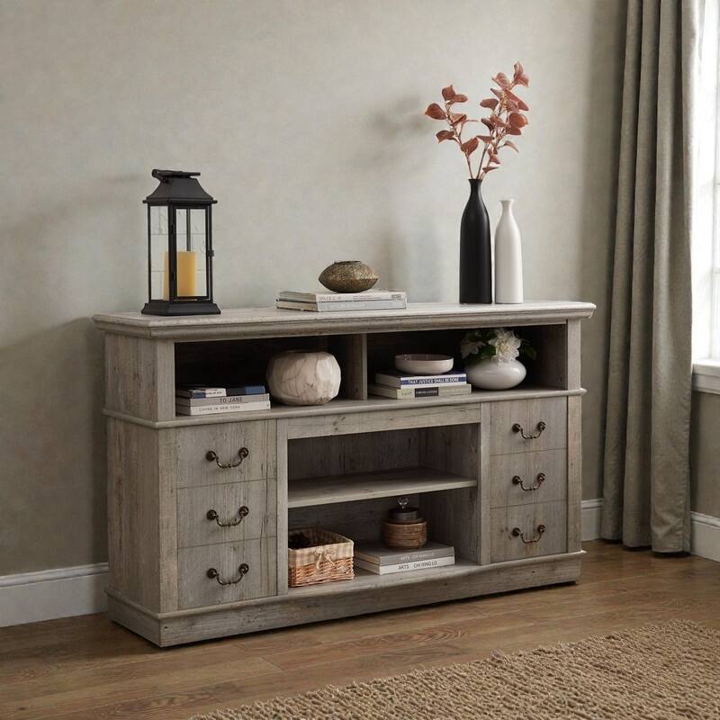 60" Farmhouse Rustic TV Stand for 65" TV, Traditional Entertainment Console with Cabinets, Shelves & Cable Management