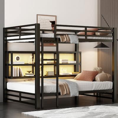 Queen over Queen Size Bunk Bed with Mesh Storage Cabinets and LED Lights, Metal Bed Frame with Ladder and Guardrail