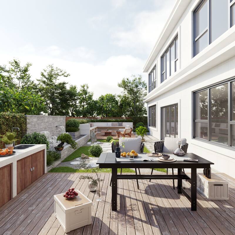 70.9" Outdoor Dining Table with Umbrella Hole, HDPE All Weather Patio Table Waterproof UV Resistant Rectangular Dining Table