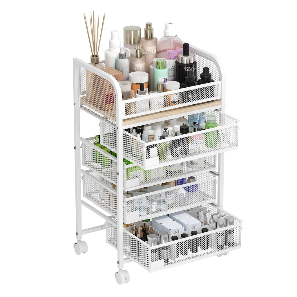 Anmytek White Makeup Organizer with 4 Drawers Wheels and Nameplates Floor Skincare Storage Vanity Cosmetic Holder