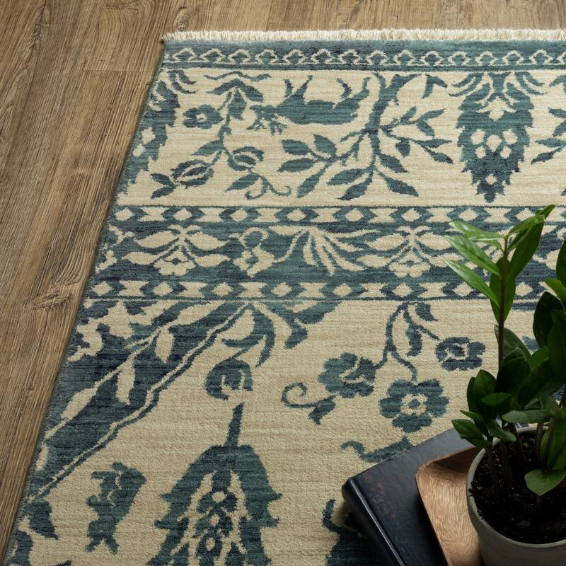 Style Haven Federica Bohemian Border Ivory/Blue Fringe Edge Area Rug