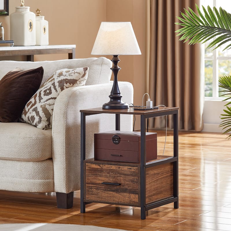 VECELO 2-Pack Nightstand Set with Charging Station 2 USB & 2 AC Outlets Compact End Table for Small Spaces (Set of 2)