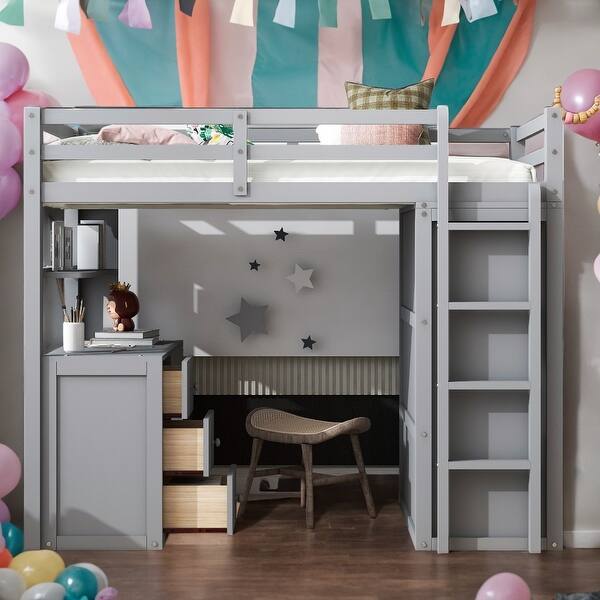 slide 2 of 27, Modern Twin Size Loft Bed With Drawers,Desk and Wardrobe,Sturdy Construction Grey