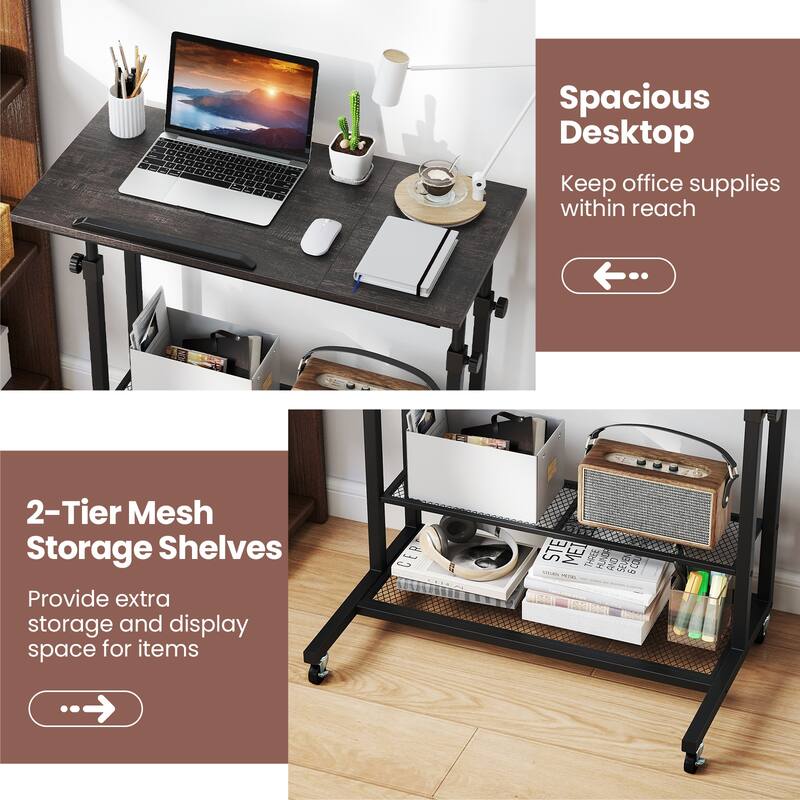 Mobile Standing Desk Adjustable Height Rolling Table with Tilt Top