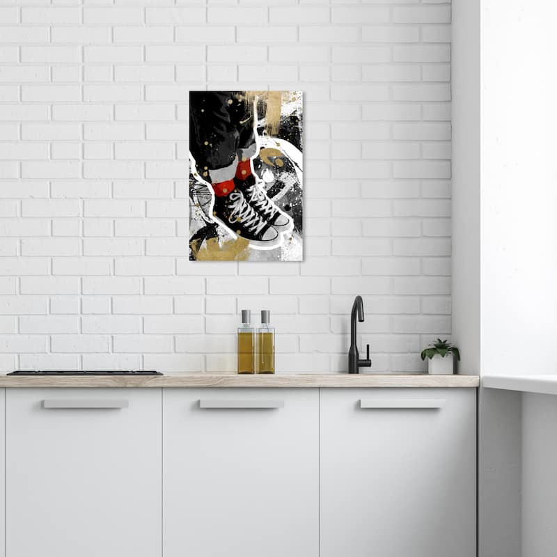 Wynwood Studio Fashion and Glam Cool Kid Sneakers Black and Metallic Gold Modern & Contemporary Wall Art Canvas Print - 24 x 16