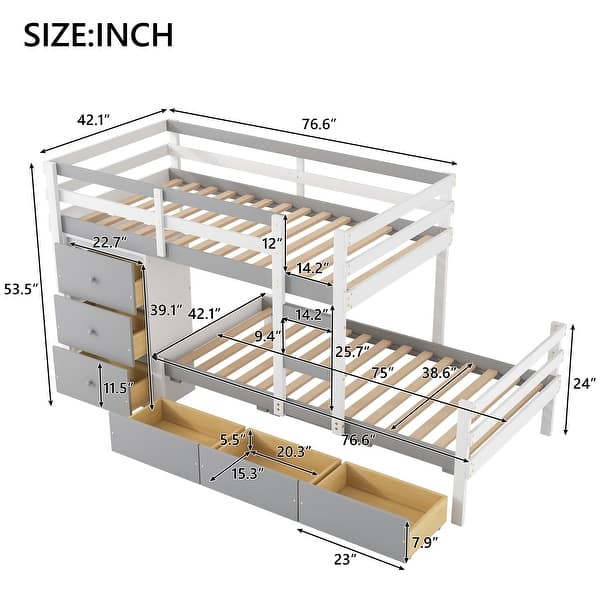 dimension image slide 1 of 2, Wooden Twin over Twin Loft Bunk Bed with Six Drawers, Ladder and Guardrail